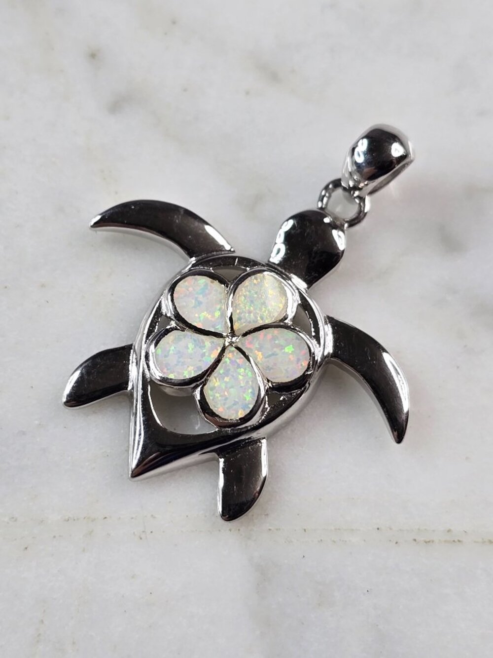 Womens Sterling Silver Opal Sea Turtle Plumeria Pendant 3.7g E2308